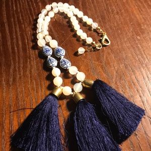 Blue and white fringe oriental necklace